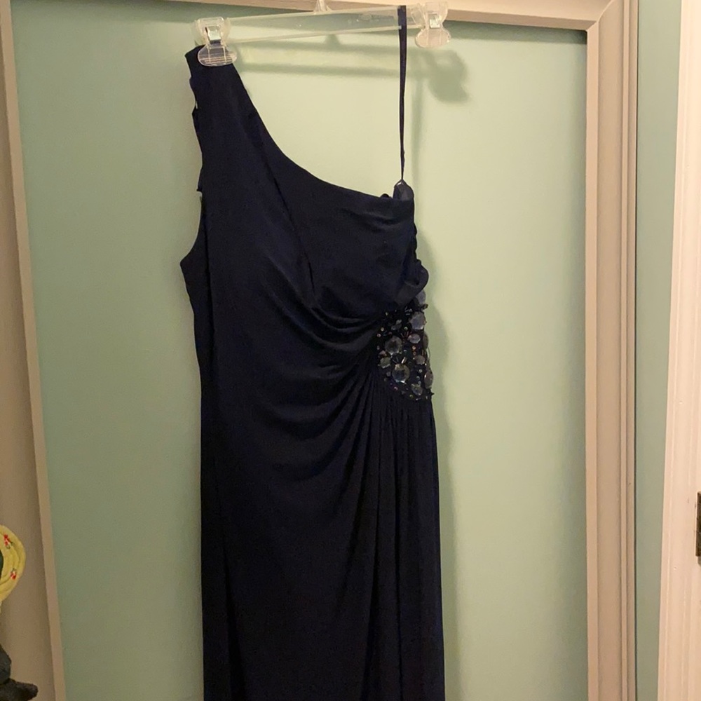 One shoulder navy prom dress